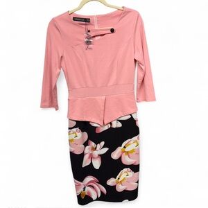 HOMEYEE Pink & Floral Peplum Sheath Dress